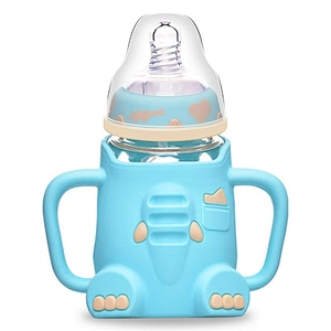 cute baby  elephant water bottle cartoon  design silicone cover glass  bottle with handle