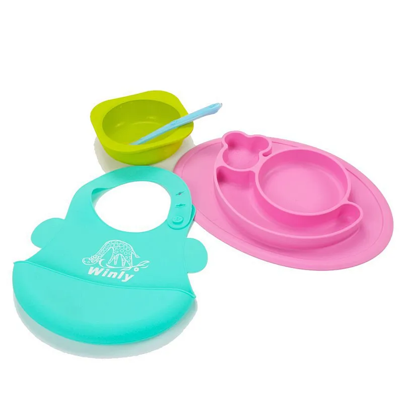 Gift Box baby feeding Set   silicone tray bibs spoon bowl   Tableware for Children