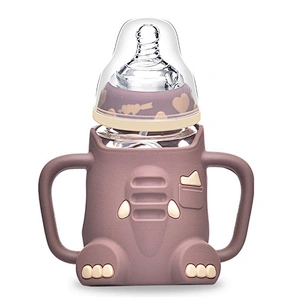 cute baby  elephant water bottle cartoon  design silicone cover glass  bottle with handle