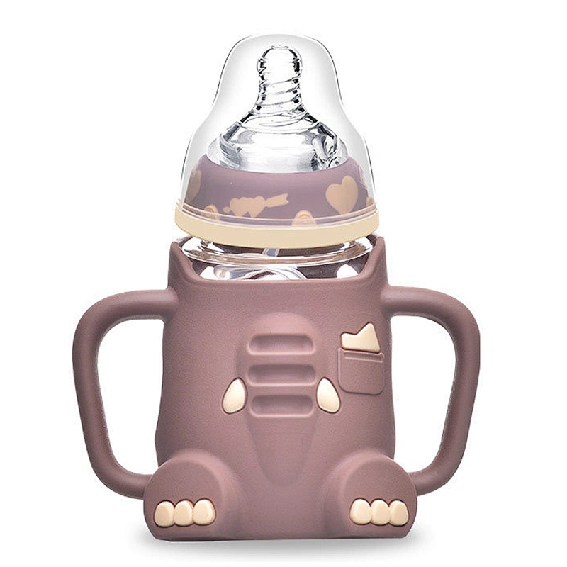 cute baby  elephant water bottle cartoon  design silicone cover glass  bottle with handle