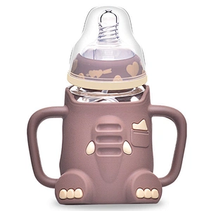 cute baby  elephant water bottle cartoon  design silicone cover glass  bottle with handle