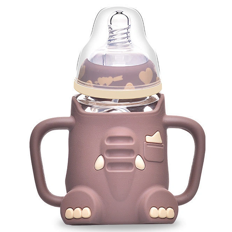 cute baby  elephant water bottle cartoon  design silicone cover glass  bottle with handle