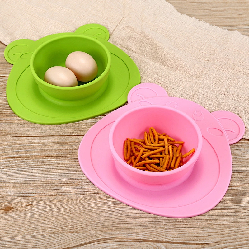 factory custom   Bear  Silicone mold  tray Suction  bowl and plate Placemat Toddler Bowls Anti-Slip baby suction bowl