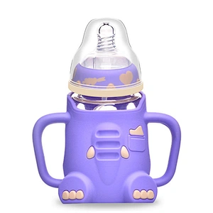 Lovely Cartoon elephant  infant baby  Milk Feeding Bottle BPA Free  silicone plastic cover glass water bottle with handle