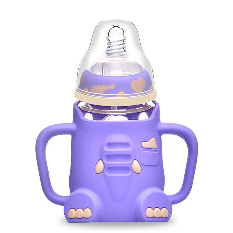 Lovely Cartoon elephant  infant baby  Milk Feeding Bottle BPA Free  silicone plastic cover glass water bottle with handle