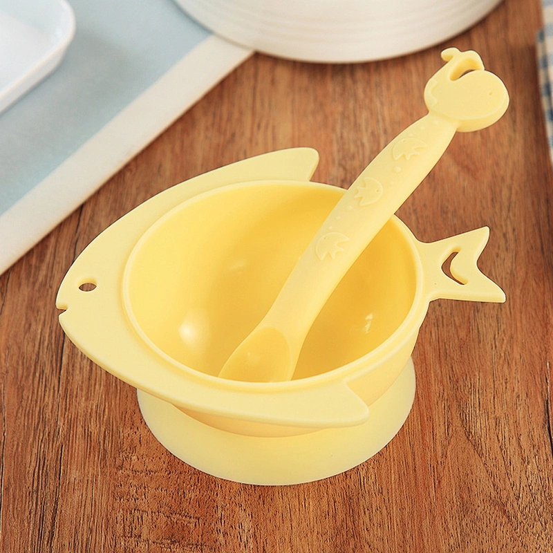 Baby Cartoon fish shape Silicone suction Bowl and matching spoon set  Babies Supplementary Bowl Spoon Tableware Set