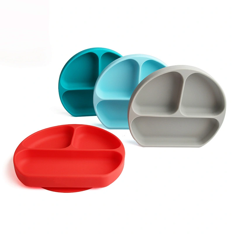suction Baby Safe Silicone Divided Plate Feeding Dins Dinner Plate Divided Food Feeding  baby Tray with lid Tableware