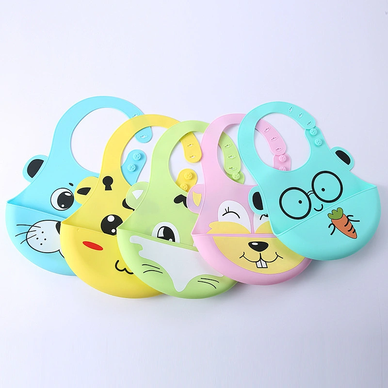 fashionable baby bibs  silicone  Adjustable  Animal  cartoon printed baby bib with Food Catcher Easily Wipes Clean