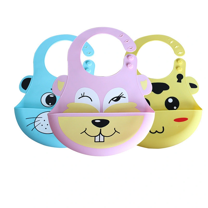 fashionable baby bibs  silicone  Adjustable  Animal  cartoon printed baby bib with Food Catcher Easily Wipes Clean