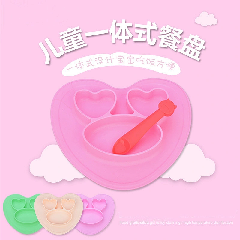 Children's Baby  heart shaped design Silicone salad bowl Integrated placemat  Plate Compartment coconut bowl bowl