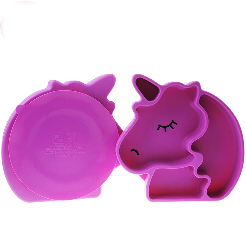 cute  silicone  suction Unicorn   Cartoon  shaped plate   baby tableware  feeding food storage  plate for kids