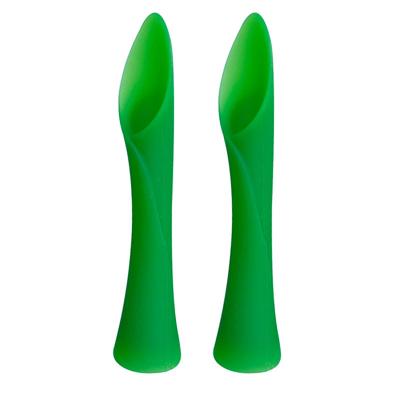 2PCS set 100% Silicone  Baby Soft-Tip Training Spoon Teether  toy Food Grade Bamboo Leaf Ergonomics For Baby Bendable