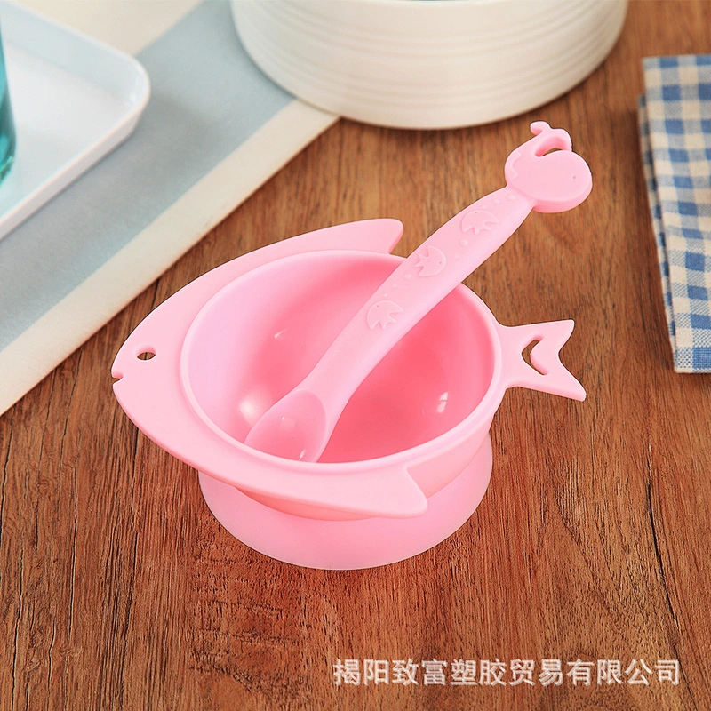Baby Cartoon fish shape Silicone suction Bowl and matching spoon set  Babies Supplementary Bowl Spoon Tableware Set