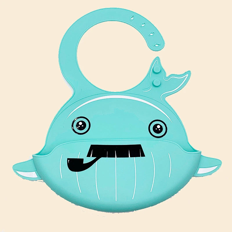 adjustable and reversible Whaley Waterproof Whale silicone infant Bib with Food Catcher Easily Wipes Clean