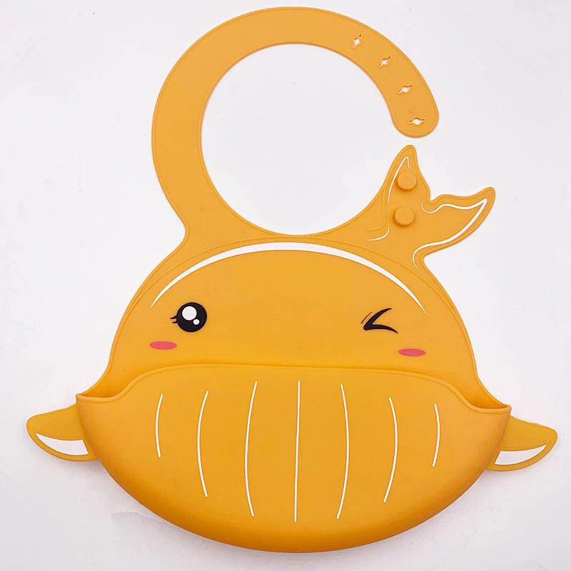 adjustable and reversible Whaley Waterproof Whale silicone infant Bib with Food Catcher Easily Wipes Clean