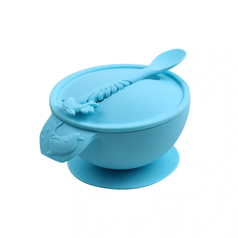 lightweight non-deformable anti-drop food grade silicone Snack Sucker Bowl Spoon set for baby for feeding