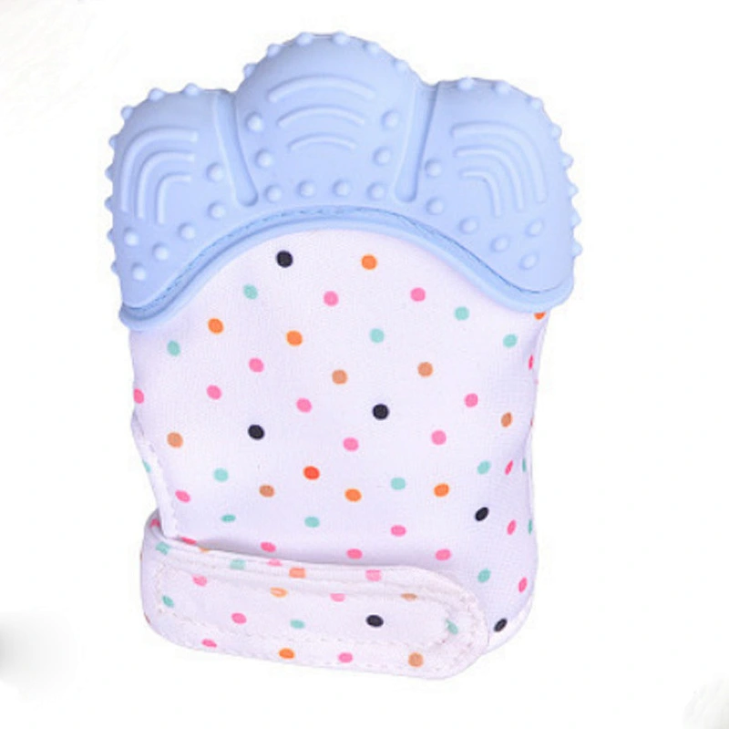 Factory fda silica gel baby teether mitten silicone approved teething mittens quick print logo