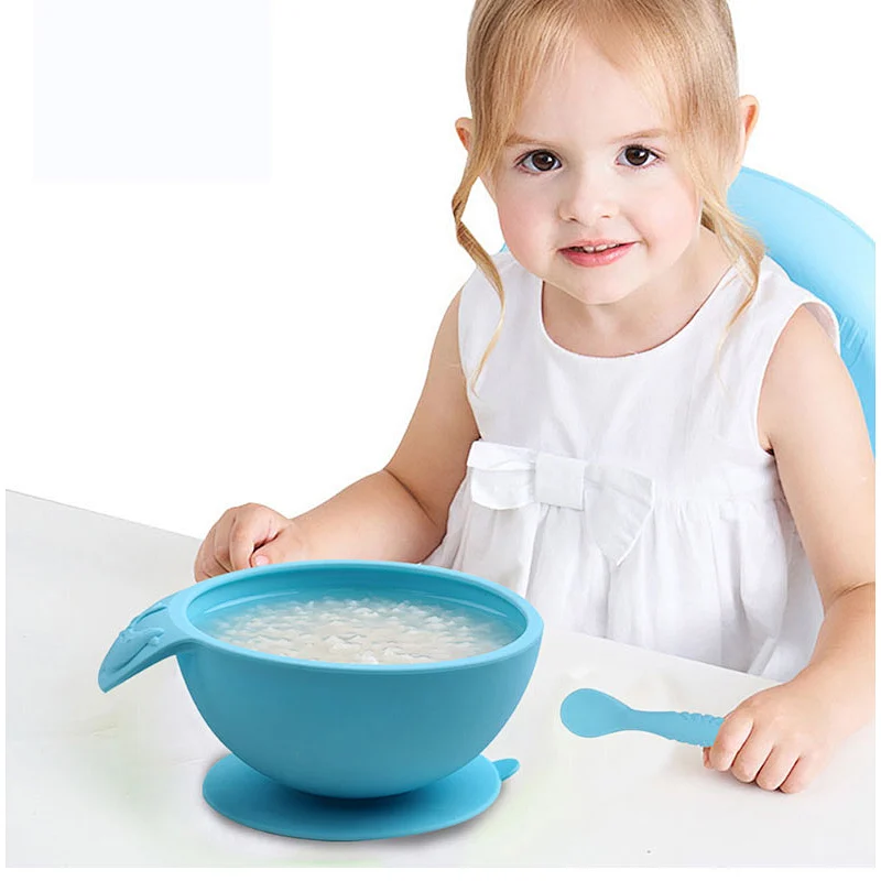 Non-odor environmental friendly foldable non-deformable food grade silicone sucker bowl spoon set for baby for feeding