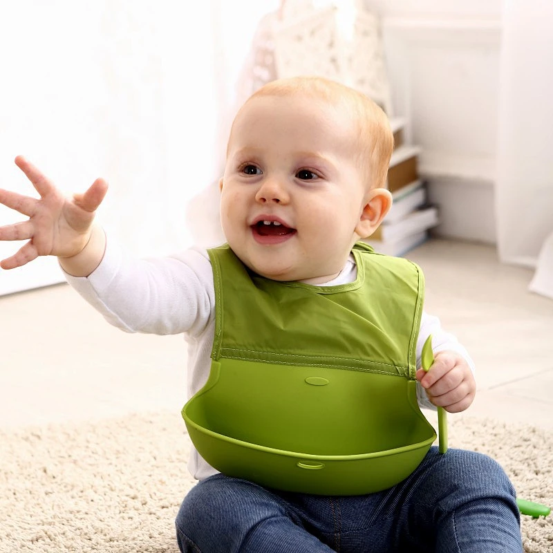 customized waterproof FDA Soft Kids Silicone Baby Bib, Feeding Baby Bibs with pocket