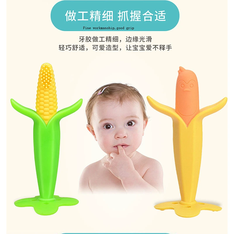 Amazon top sellers BPA free safe soft train brain corn and banana pattern food-grade sillicione teether for baby for feeding