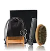 Classic high quality 4pcs mens care beard set grooming kit  beard wood brush and comb trimmer set with barber hair scissor