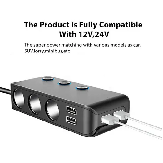 Charmex 4 USB Car Charger 1 To 3 Cigarette Lighter Splitter DC12V/24V Adapter With Switch LED Display