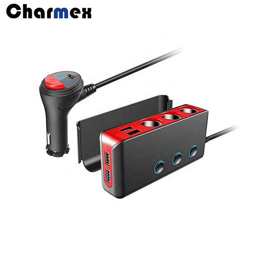 Charmex 4 USB Car Charger 1 To 3 Cigarette Lighter Splitter DC12V/24V Adapter With Switch LED Display