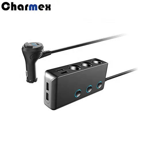 Charmex 4 USB Car Charger 1 To 3 Cigarette Lighter Splitter DC12V/24V Adapter With Switch LED Display