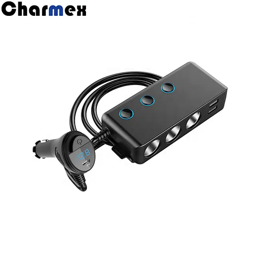 Charmex 4 USB Car Charger 1 To 3 Cigarette Lighter Splitter DC12V/24V Adapter With Switch LED Display