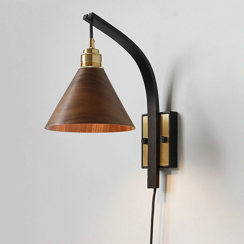 Nordic style retro red oak copper light luxury bedroom lamp bedroom plug-in bedside led wall lamp
