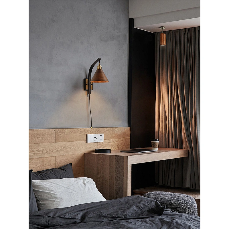 Nordic style retro red oak copper light luxury bedroom lamp bedroom plug-in bedside led wall lamp