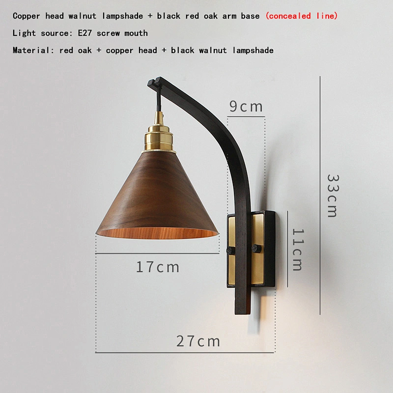 Nordic style retro red oak copper light luxury bedroom lamp bedroom plug-in bedside led wall lamp