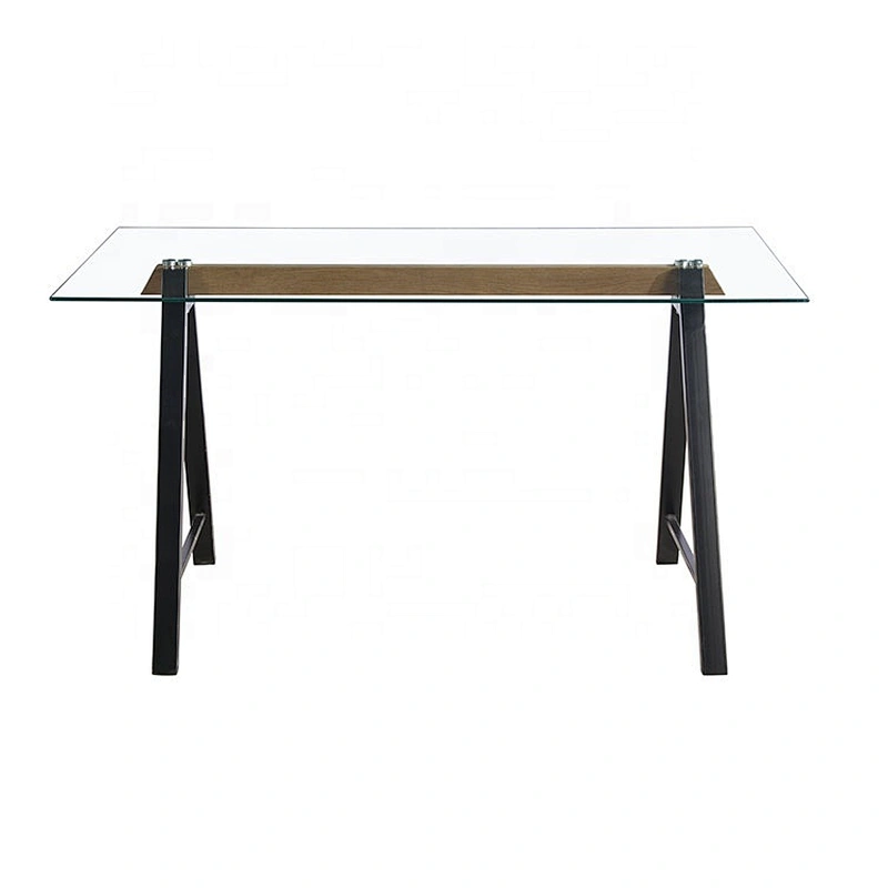 8mm iron leg powder coated modern tempered glass dining table set