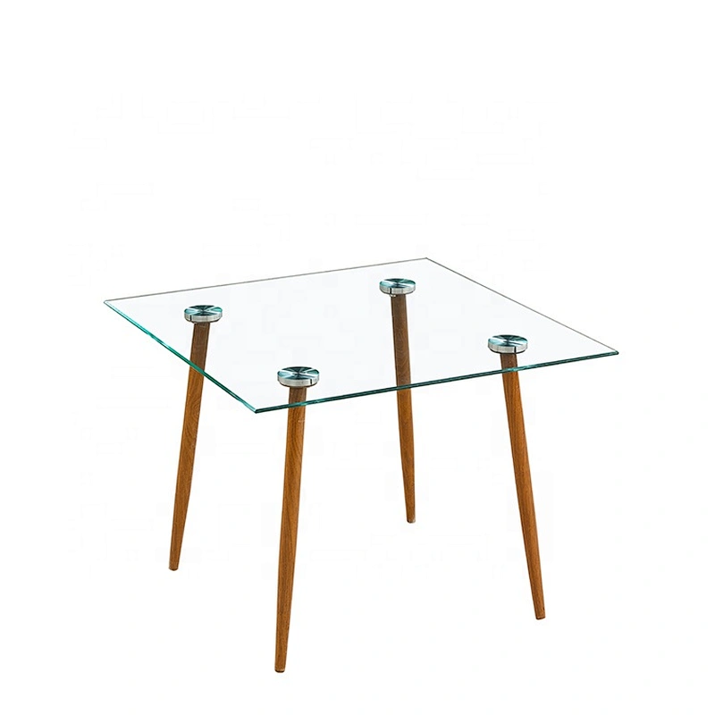 Modern thick tempered glass dining table with wooden leg