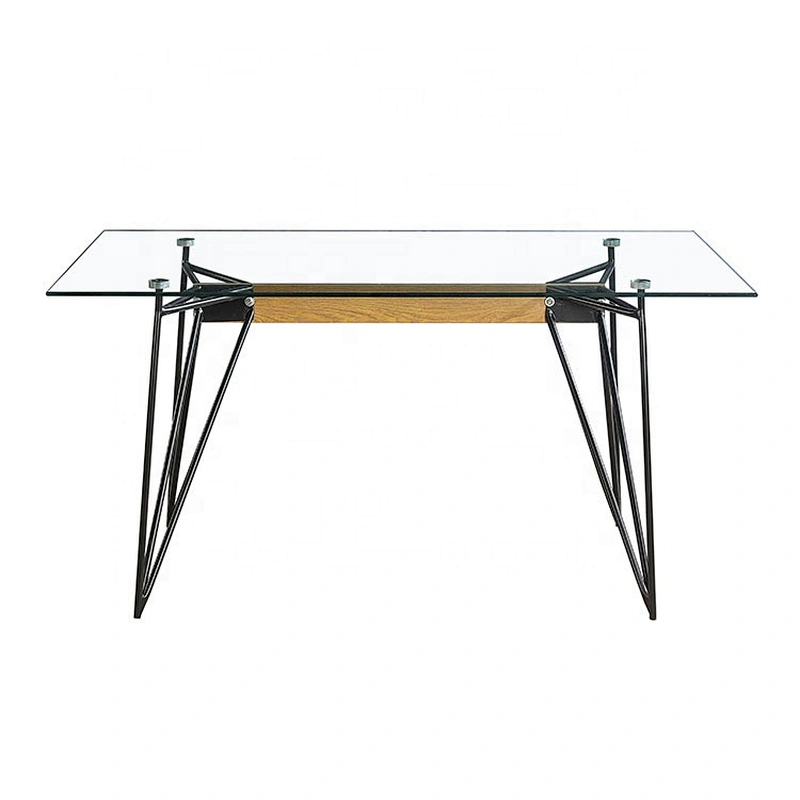 Sample powder coated iron leg glass dining table tempered