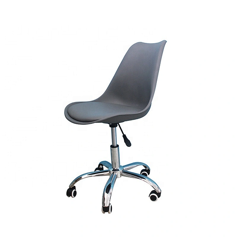 Adjustable height plastic tulip chair with chromed steel wheels