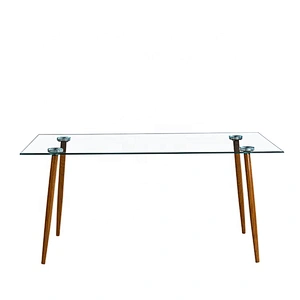 Modern thick tempered glass dining table with wooden leg