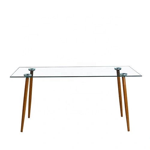 Modern thick tempered glass dining table with wooden leg