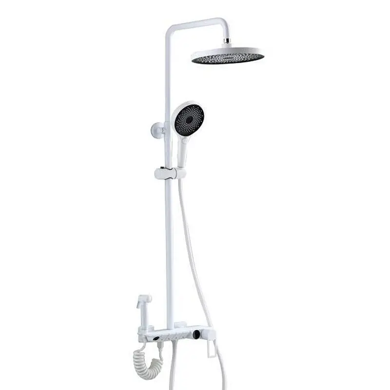 Shower sets（white)‚ brass body‚ wanhai cartridge‚ zinc handle‚ S/S pipe+White Plastic Top rain shower 25cm+White plastic hand shower‚ 1.5M White PVC hose‚brass 304# S/S Excentric+ S/S cover (black)