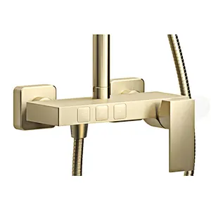Shower sets (brushed-gold)‚ brass body‚ wanhai cartridge‚ zinc handle‚ S/S pipe+S/S Top rain shower+plastic hand shower‚ 1.5M S/S doulbe hose‚S/S  nut‚ 304# S/S Excentric 48g+ 201 S/S flange
