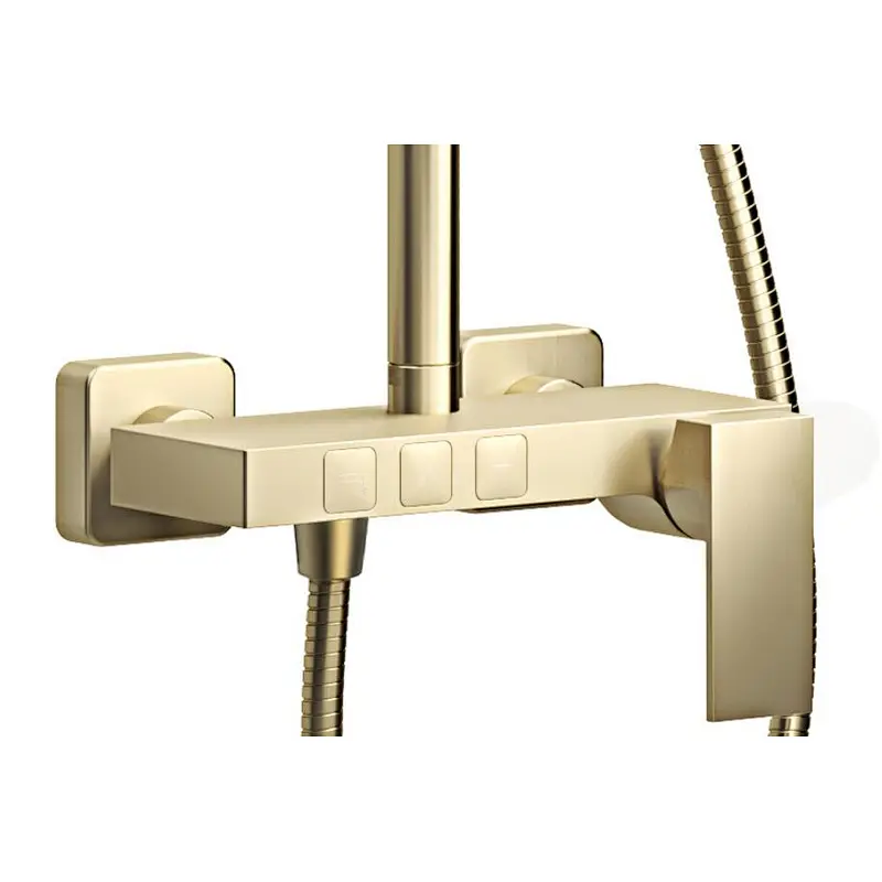 Shower sets (brushed-gold)‚ brass body‚ wanhai cartridge‚ zinc handle‚ S/S pipe+S/S Top rain shower+plastic hand shower‚ 1.5M S/S doulbe hose‚S/S  nut‚ 304# S/S Excentric 48g+ 201 S/S flange