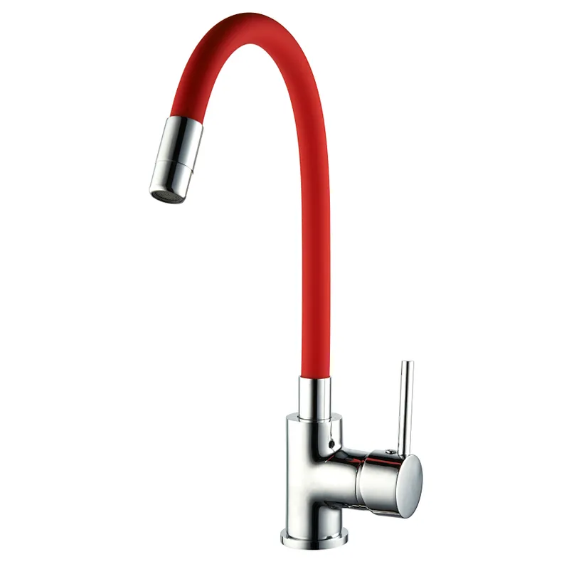 Brass kitchen mixer‚ wanhai cartridge‚zinc handle‚360° Red rotating silicone tube+brass nozzle 3/8*40CM S/S hose