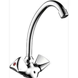 Brass double handle kitchen mixer, brass full turn head valve, 445#zinc handle, S/S Spout, 3/8*35CM s/s hose
