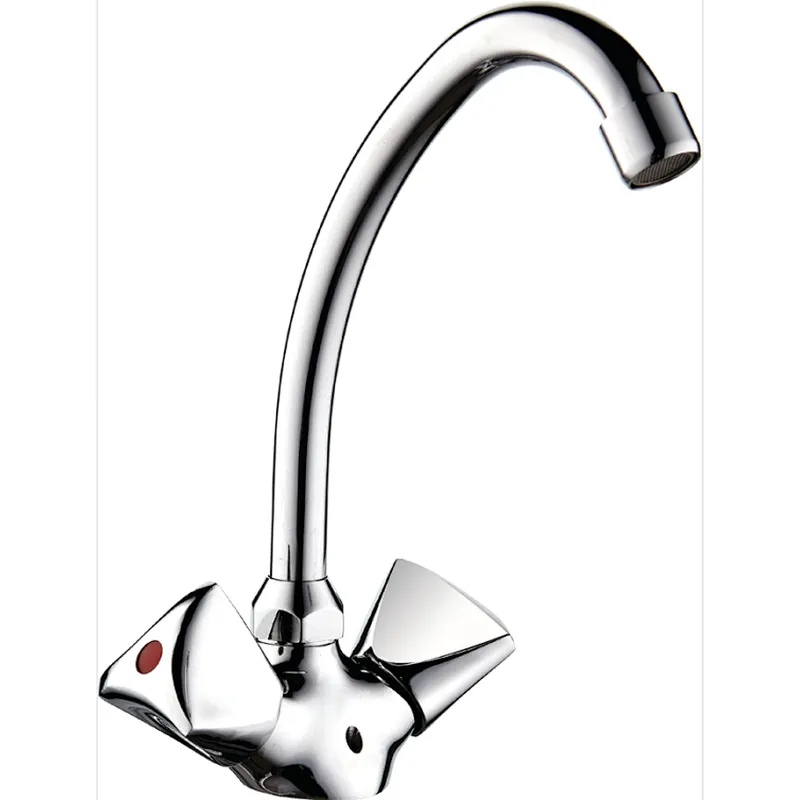 Brass double handle kitchen mixer, brass full turn head valve, 445#zinc handle, S/S Spout, 3/8*35CM s/s hose