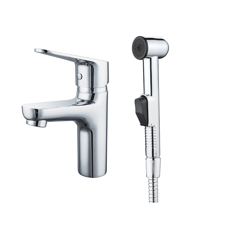 Brass Basin mixer‚   wanhai cartridge‚zinc handle‚ plastic shower+H6 plastic hole‚1.2M S/S double hose‚w/o pop up‚3/8*35CM S/S hose