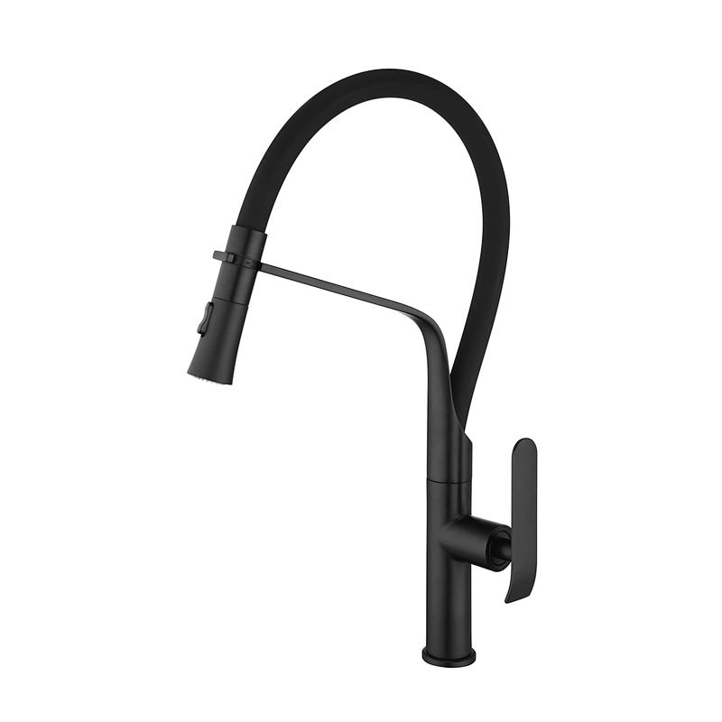 Brass kitchen mixer（black)
wanhai cartridge‚   zinc handle‚
360° black rotating silicone tube+Plastic two-function sprinkler head
3/8*40CM S/S hose