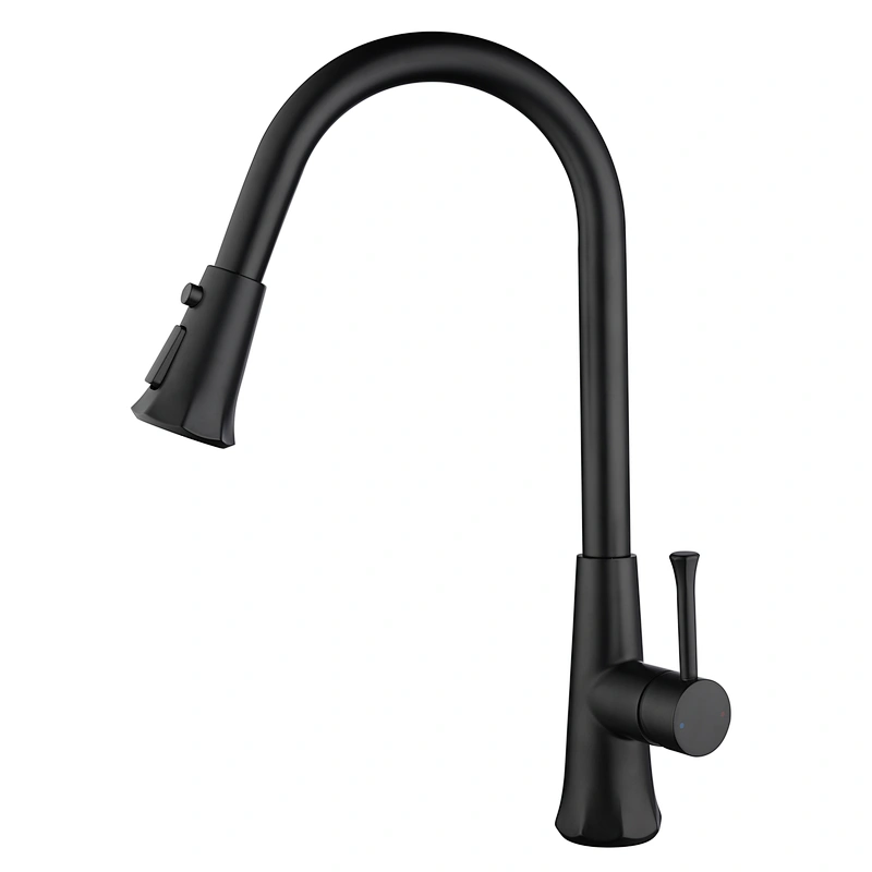 Brass pull-out kitchen mixer（black)
wanhai cartridge‚   zinc handle‚
S/S spout+three function sprinkler head+ 1.8M Nylon pull out hose
3/8*40CM S/S hose