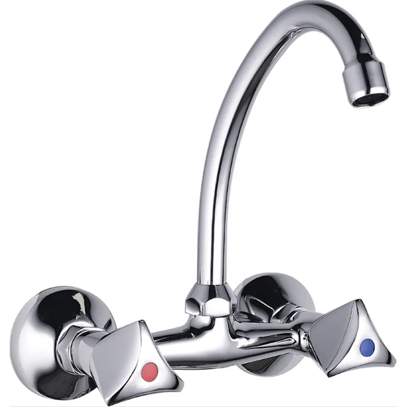 Brass double handle kitchen mixer, brass full turn head valve, 445#zinc handle, S/S spout, 304# S/S Excentric 48g+ S/S cover