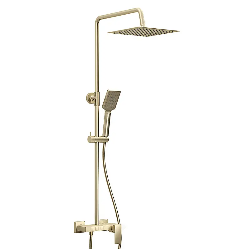 Shower sets (brushed-gold)‚ brass body‚ wanhai cartridge‚ zinc handle‚ S/S pipe+S/S Top rain shower+plastic hand shower‚ 1.5M S/S doulbe hose‚S/S  nut‚ 304# S/S Excentric 48g+ 201 S/S flange