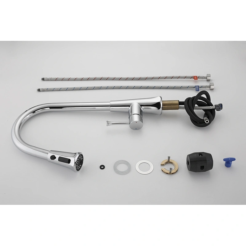 Brass pull-out kitchen mixer
wanhai cartridge‚   zinc handle‚
S/S spout+three function sprinkler head+ 1.8M Nylon pull out hose
3/8*40CM S/S hose